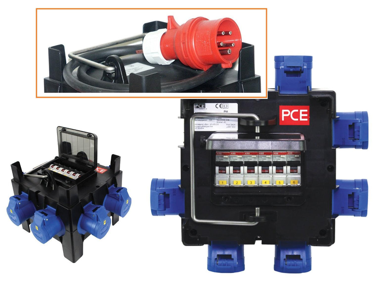 PCE POWER-BOX IMST INGRESSO CAVO 2MT SPINA 32A 5P ( 3P+N+T ) USCITE 6 PRESE CEE 16A 3P ( 1P+N+T ) PROTEZIONE 16A 1P MCB TYPE C - TechSoundSystem.com