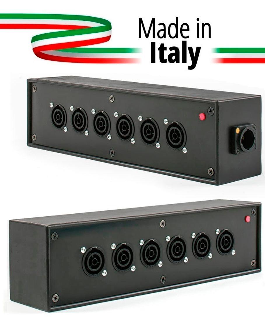 POWER-BOX NERO CIABATTA ALIMENTAZIONE PALCO POWERCON MADE IN ITALY SPIA RETE INGRESSO POWERCON TRUE1 16A USCITE 6 TRUE1 16A - TechSoundSystem.com