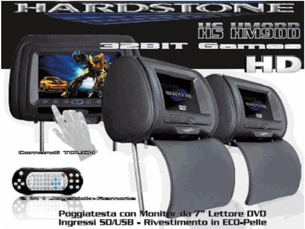 HSHM9DD HARDSTONE Poggiatesta (Coppia ) pelle nera con monitor Alta definizione + lettore DVD, USB SD 800x480 - TechSoundSystem.com
