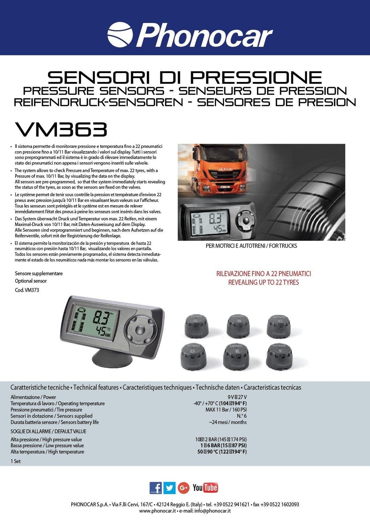 Phonocar VM363 Kit 6 sensori per monitoraggio pressione gomme WIRELESS per motrici autotreni - TechSoundSystem.com