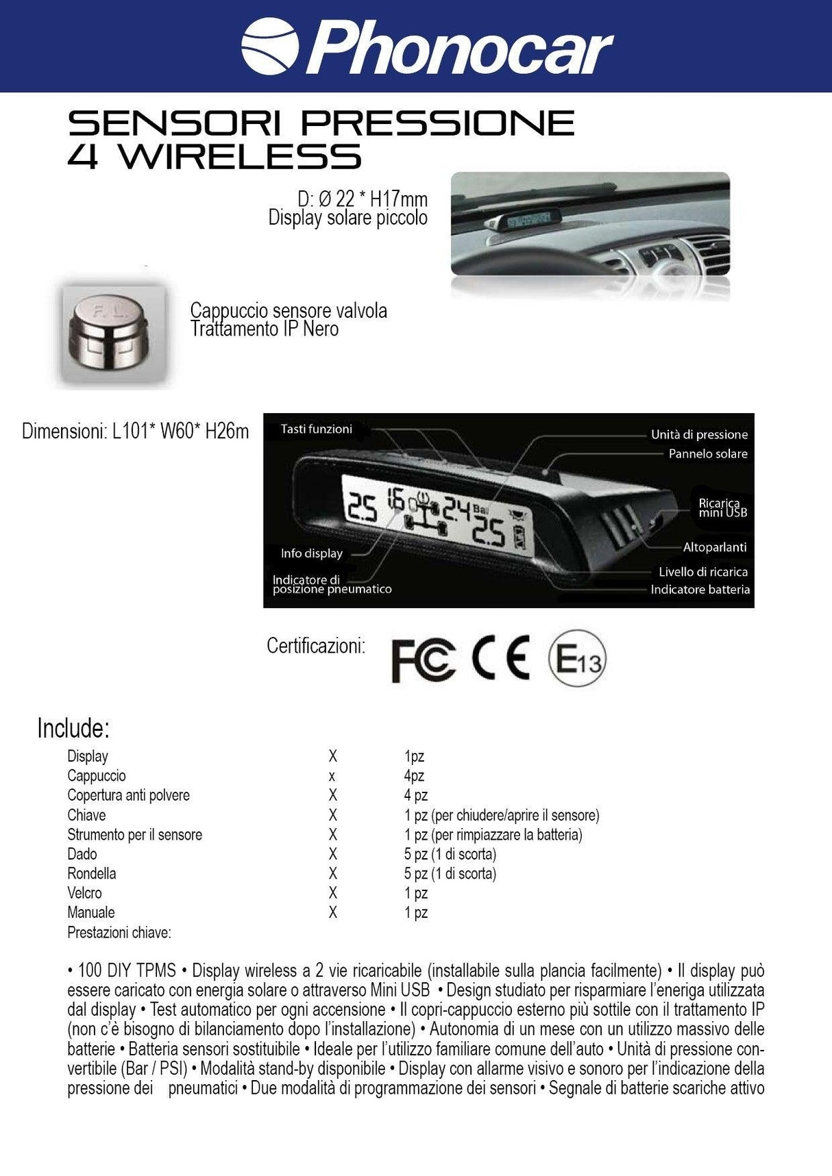 Phonocar VM360 Sistema di monitoraggio pressione gomme Wireless con ricarica solare - TechSoundSystem.com