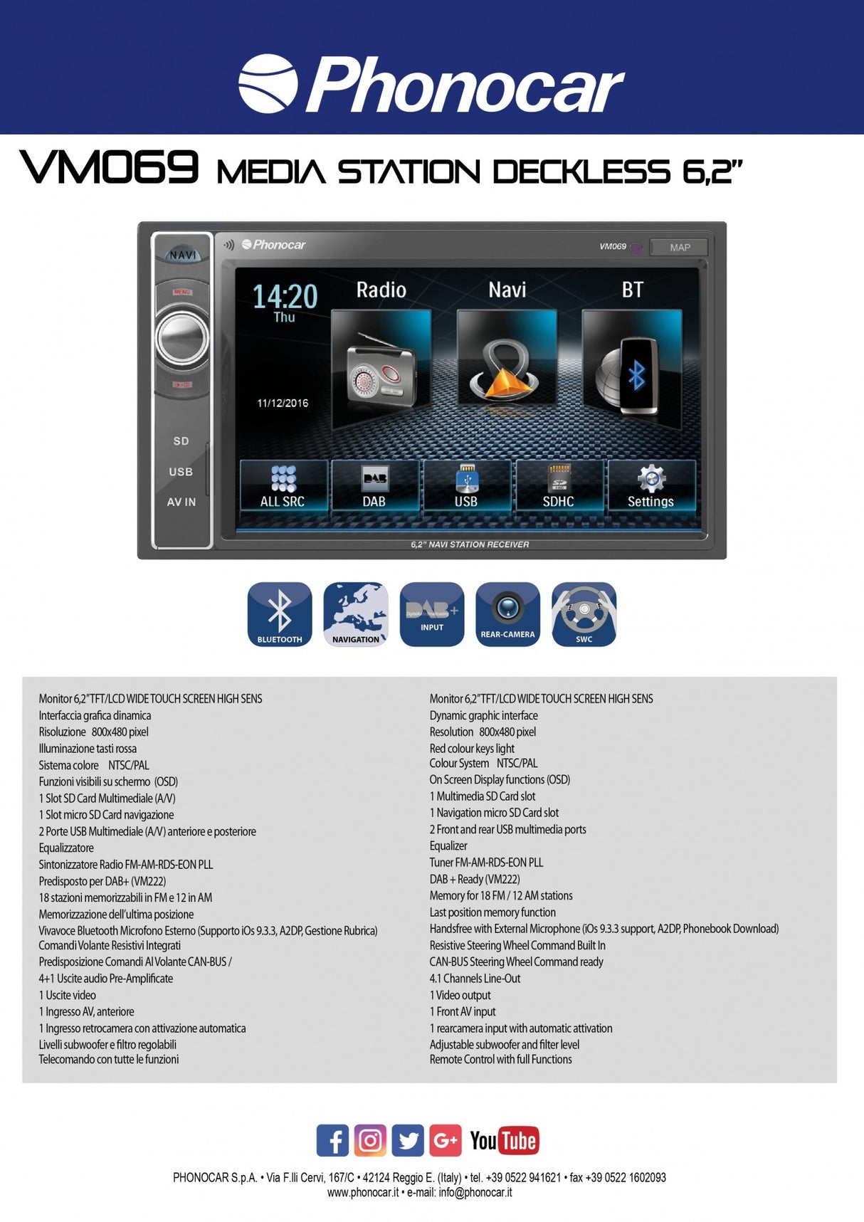 PHONOCAR VM068E SINTO-SD-USB TOUCH 6,2" CON BLUETOOTH E GPS + MAPPA EUROPA NV980 - TechSoundSystem.com