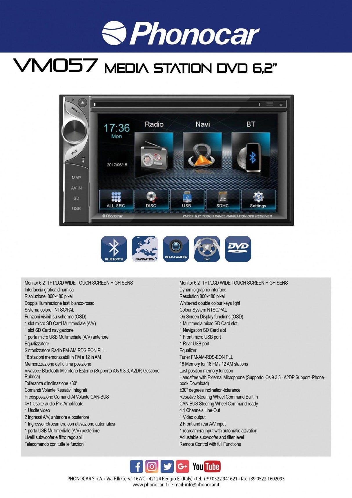 Phonocar VM057 Media Station 2 Din 6,2'' CD-DVD-USB-SD Bluetooth GPS con mappe opzionali - TechSoundSystem.com