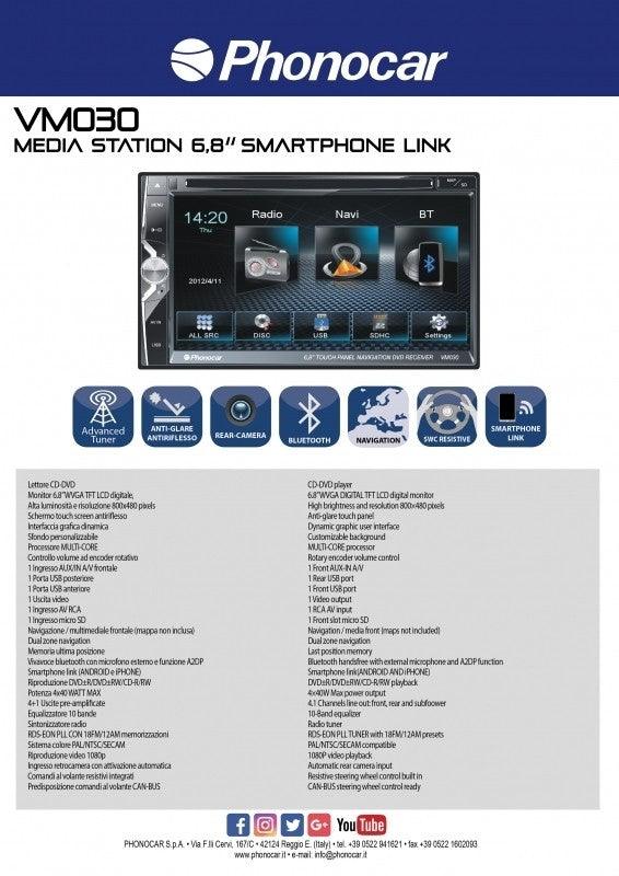 PHONOCAR VM030M Media Station 2 DIN con Bluetooth e GPS + MAPPE ITALIA - TechSoundSystem.com