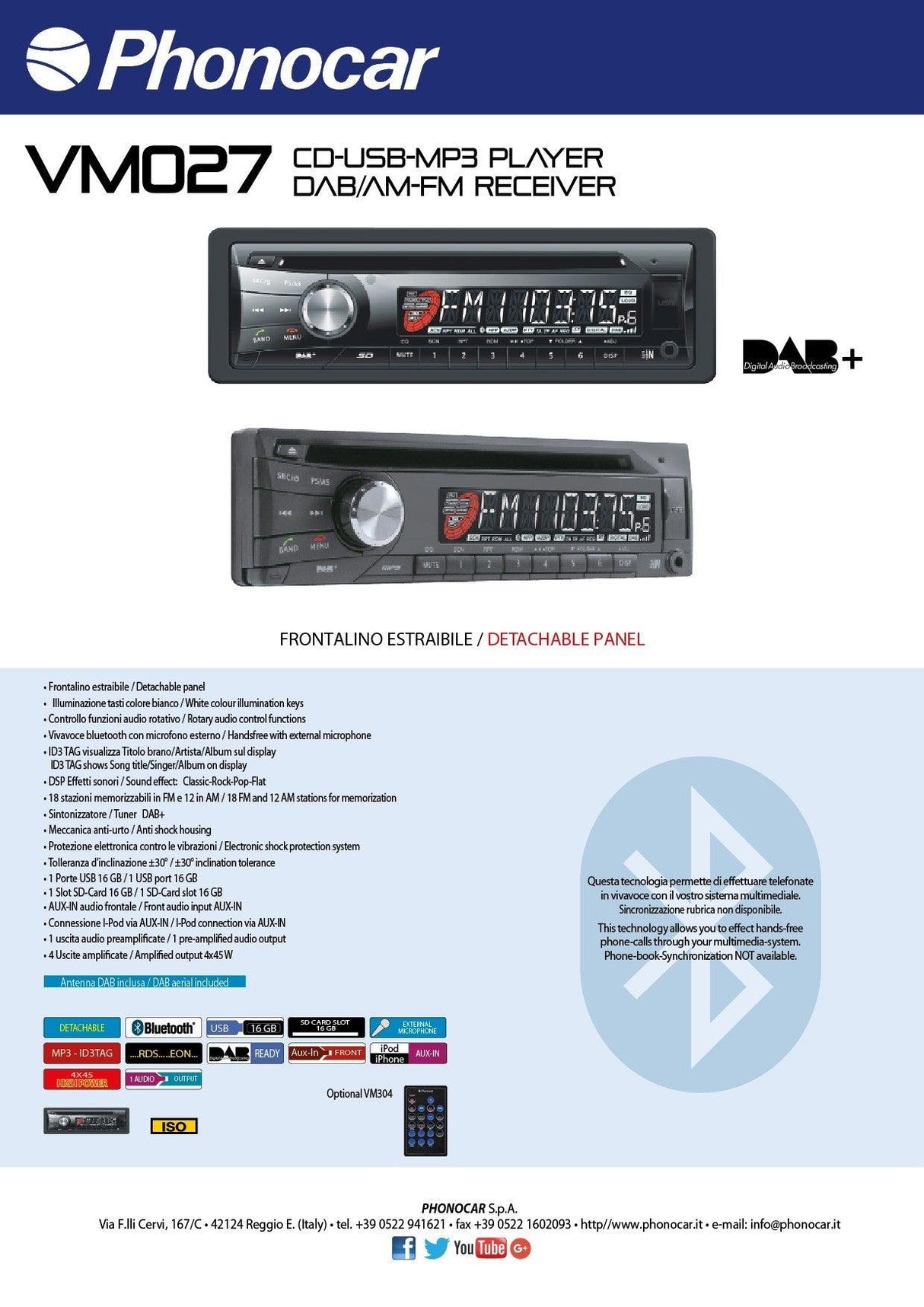 Phonocar VM027 autoradio 1 Din CD-USB-MP3 DAB/AM-FM e Bluetooth - TechSoundSystem.com