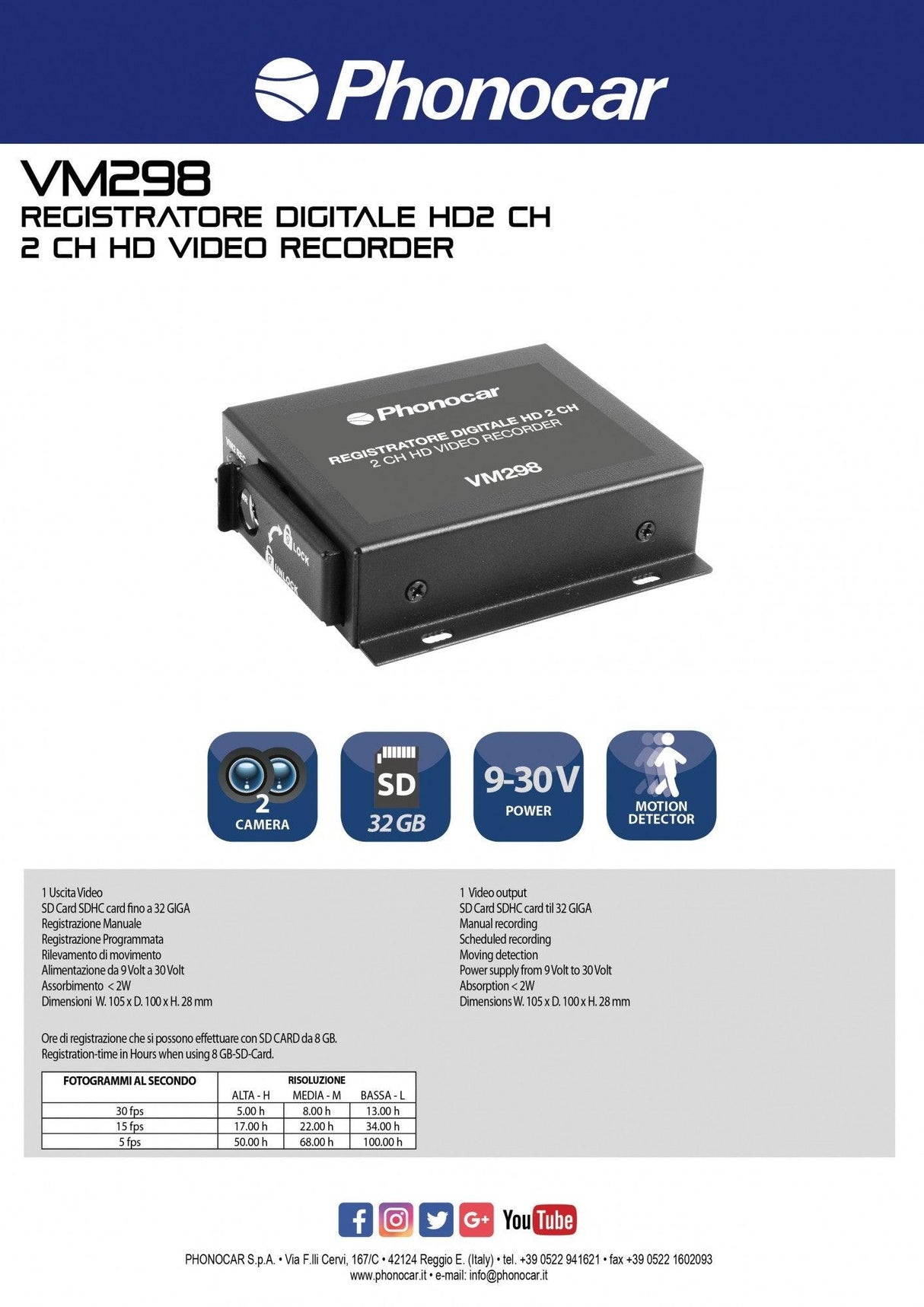 Phonocar VM298 Registratore DVR HD 2 Canali Alimentazione 9-30V - TechSoundSystem.com