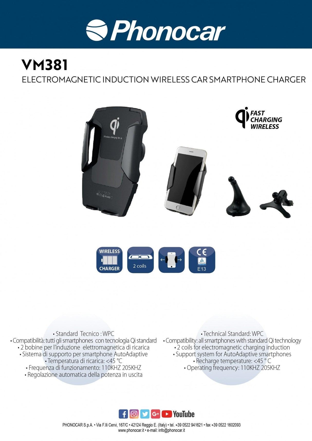 Phonocar VM381 Caricabatteria wireless per smartphone a induzione - TechSoundSystem.com