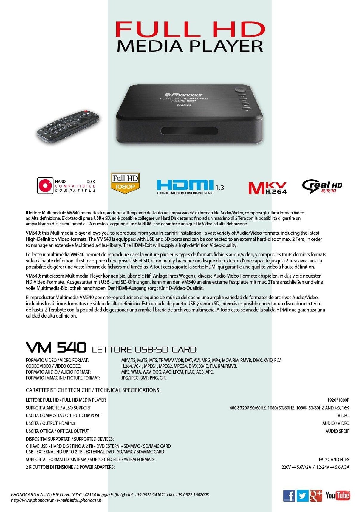 Phonocar VM540 Media Player Full HD USB - SD CARD - TechSoundSystem.com