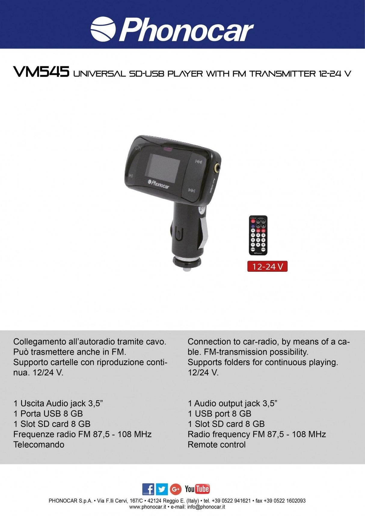 Phonocar VM545 Trasmettitore FM 12-24 V USB - SD CARD - TechSoundSystem.com