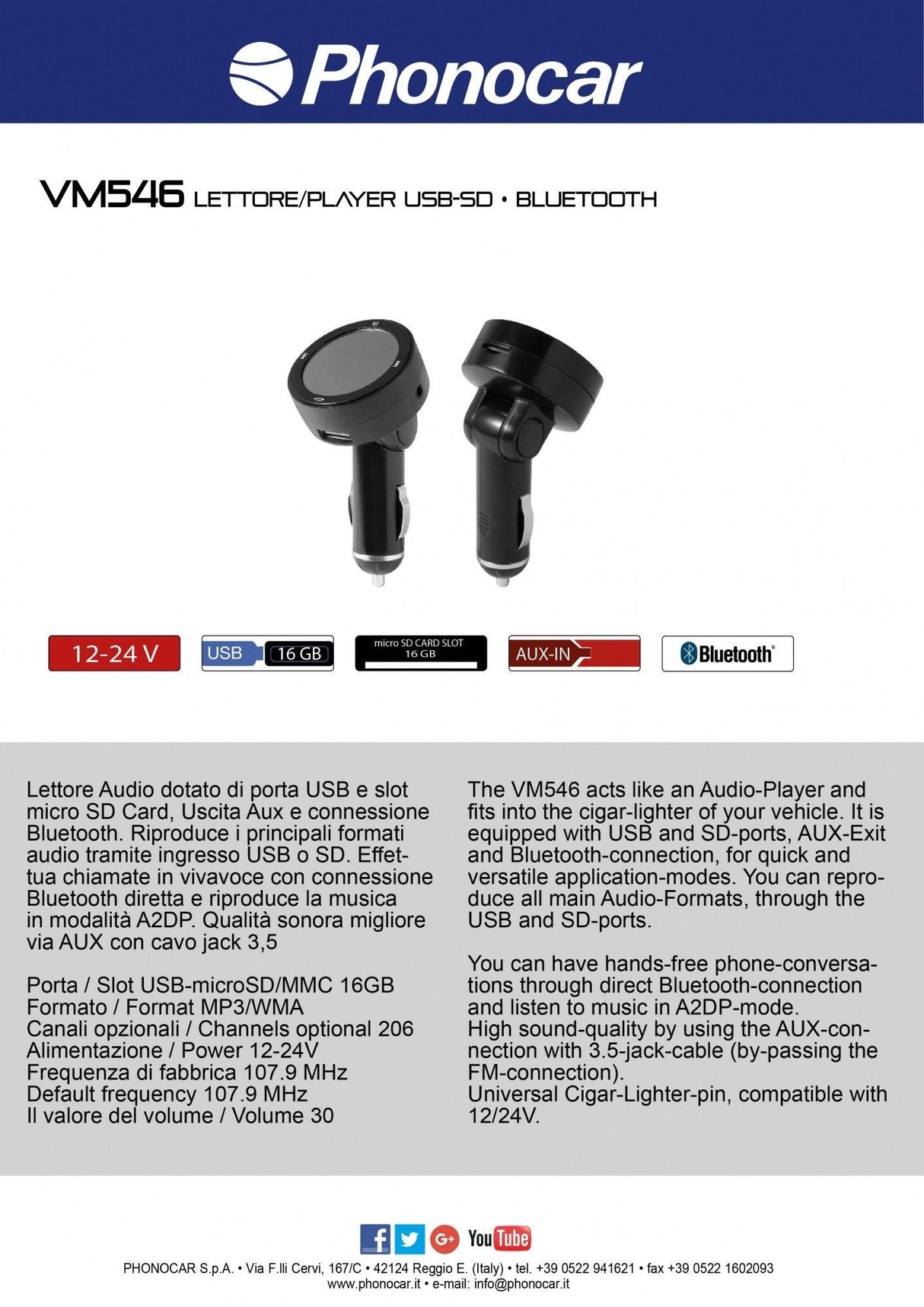 Phonocar VM546 Trasmettitore FM 12-24 V Bluetooth USB - SD CARD - TechSoundSystem.com