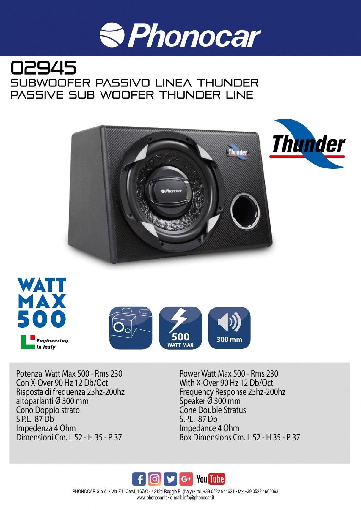 Phonocar 02945 Subwoofer passivo in cassa 500W 300mm (12'') - TechSoundSystem.com