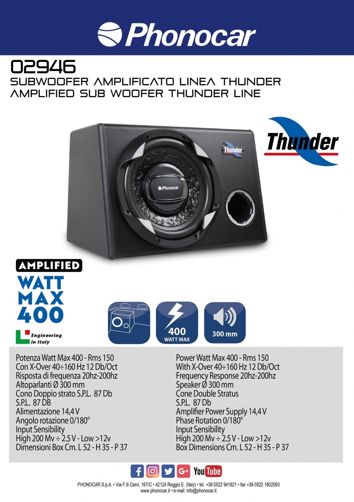 Subwoofer in cassa amplificato Phonocar 02946 400W 300mm (12'') - TechSoundSystem.com