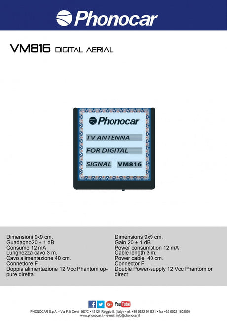 Phonocar VM816 Antenna TV portabollo amplificata per segnale digitale - TechSoundSystem.com