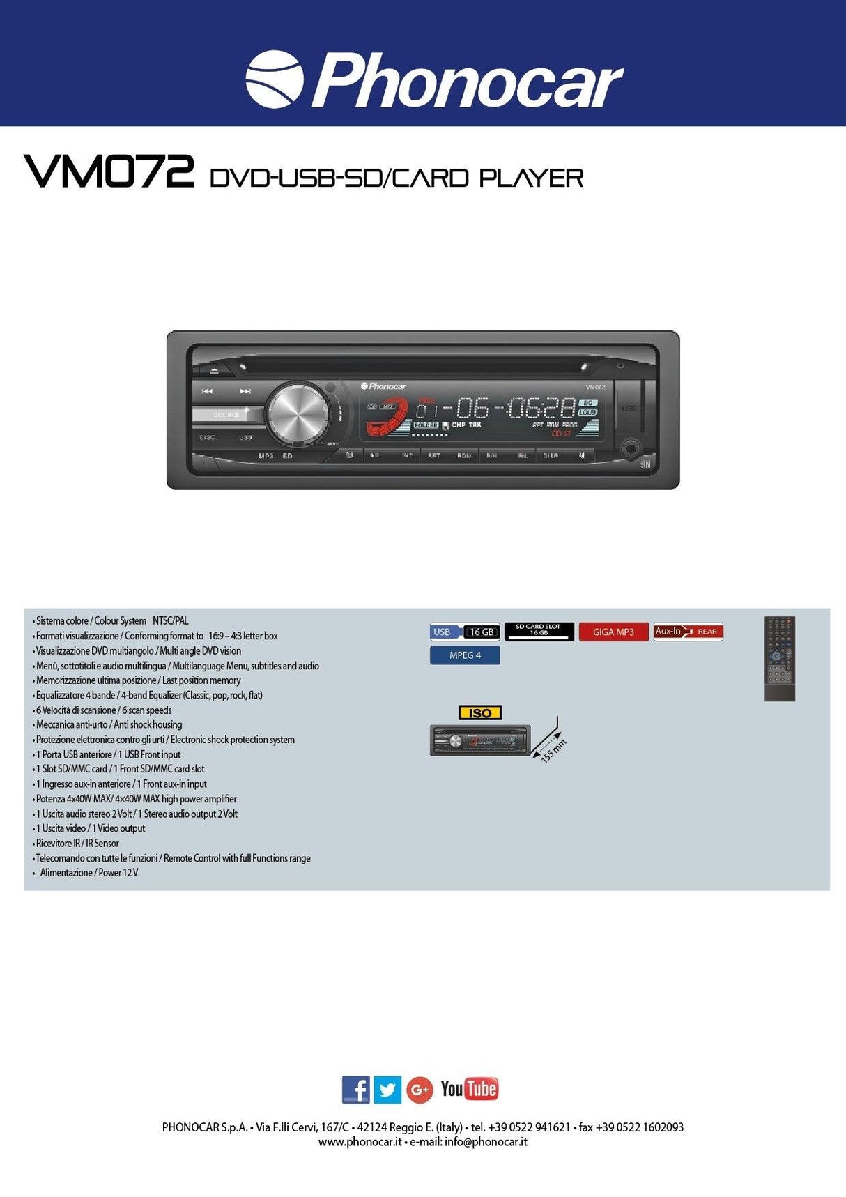 PHONOCAR VM072 Lettore DVD-usb-sd/card - TechSoundSystem.com