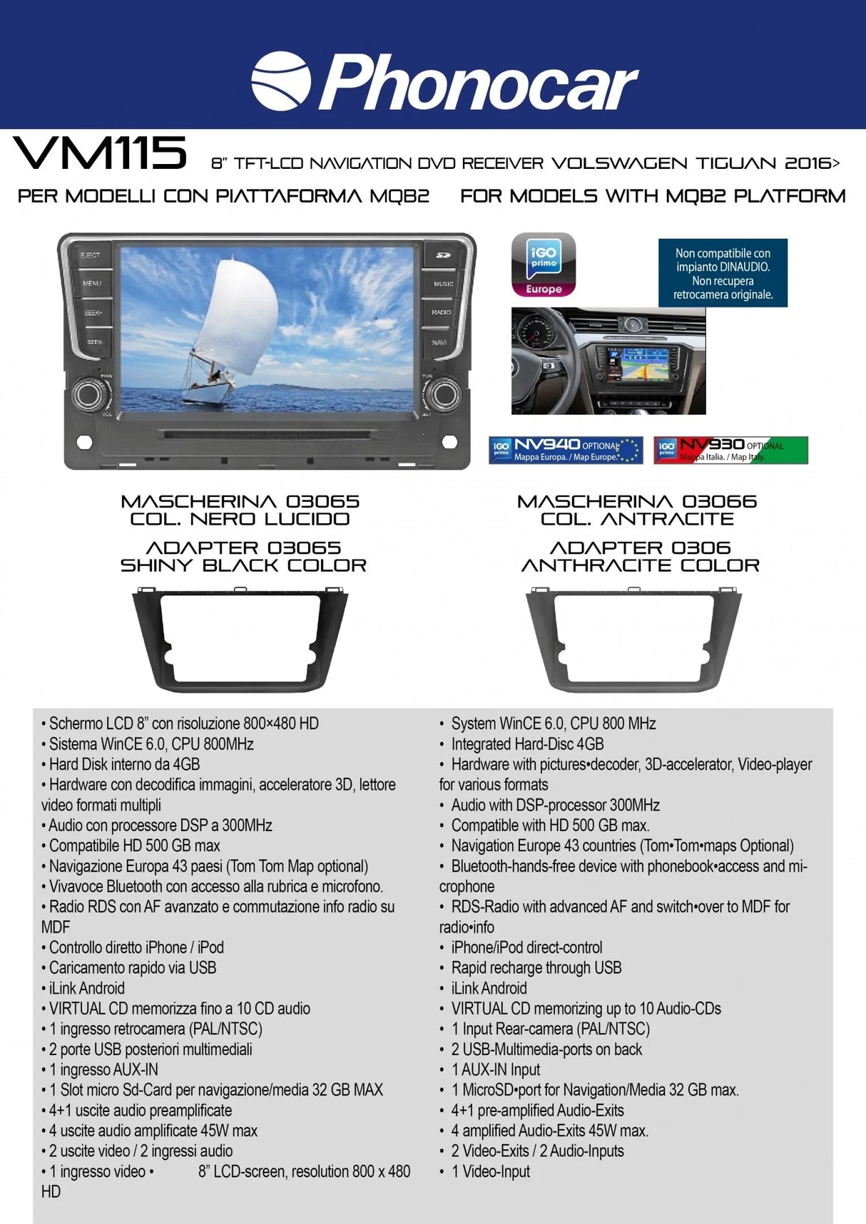 Phonocar VM115 Media station 8''VW Tiguan 16- CD-DVD-USB-SD Bluetooth GPS con mappe opzionali - TechSoundSystem.com
