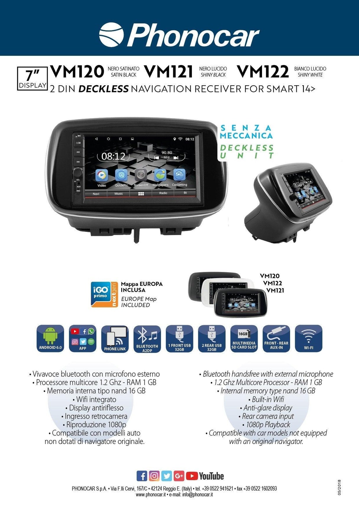 Phonocar VM121 Media station per Smart 14- Android Deckless 7'' USB-SD Wi-Fi Bluetooth GPS + mappa Europa - TechSoundSystem.com