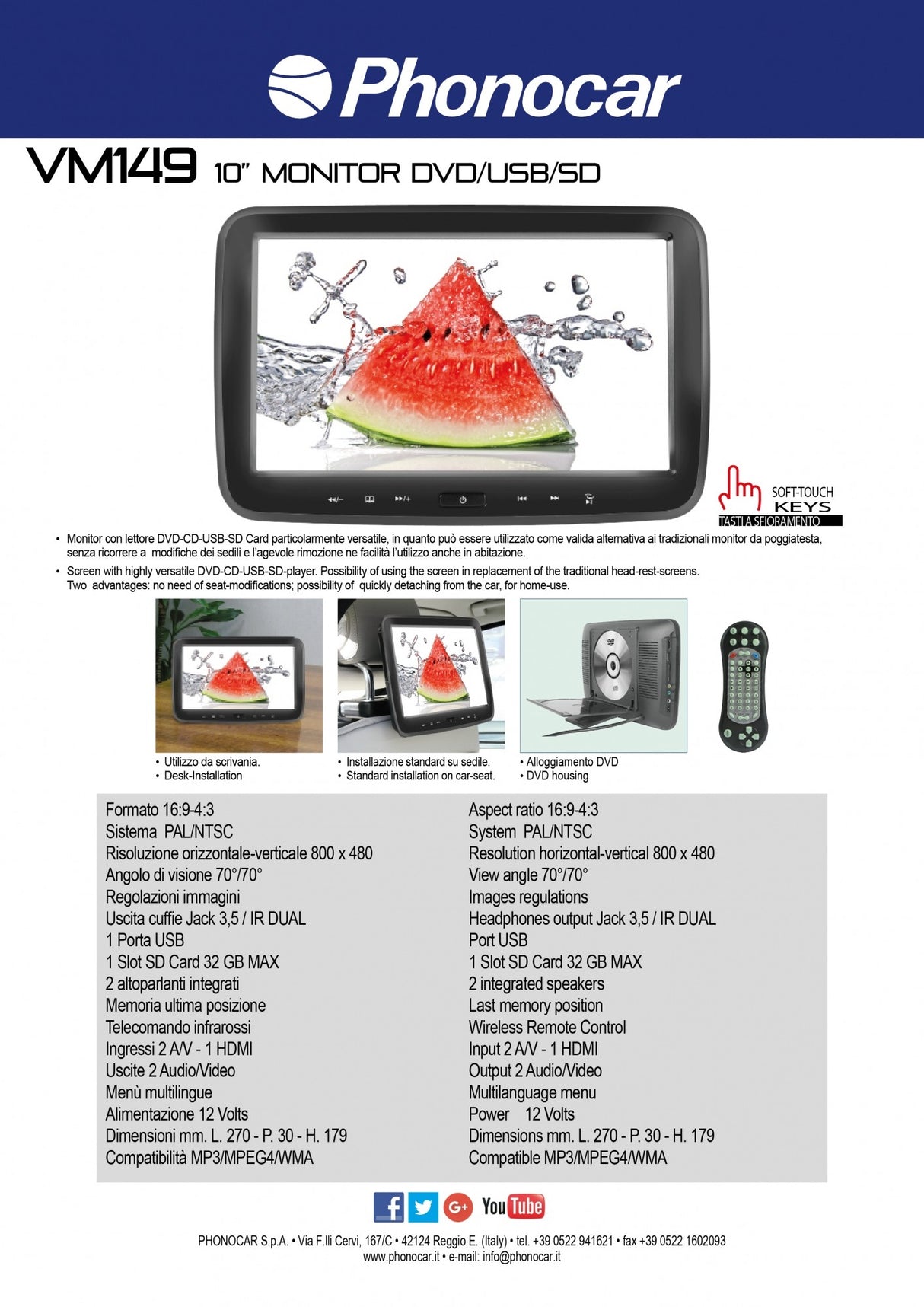 Phonocar VM149 Monitor poggiatesta 10" con lettore DVD/SD/USB - TechSoundSystem.com