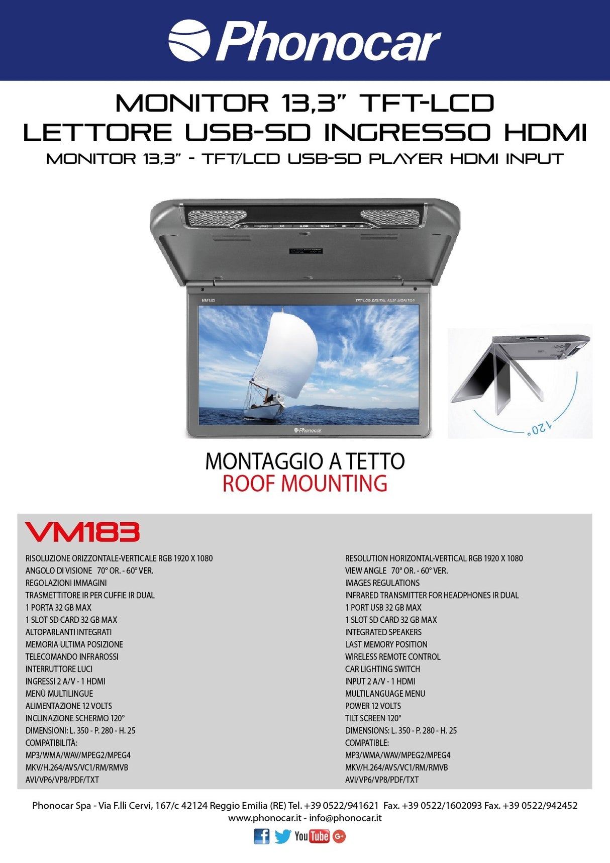 Phonocar VM183 Monitor da tetto 13,3" TFT/LCD USB-SD HDMI - TechSoundSystem.com