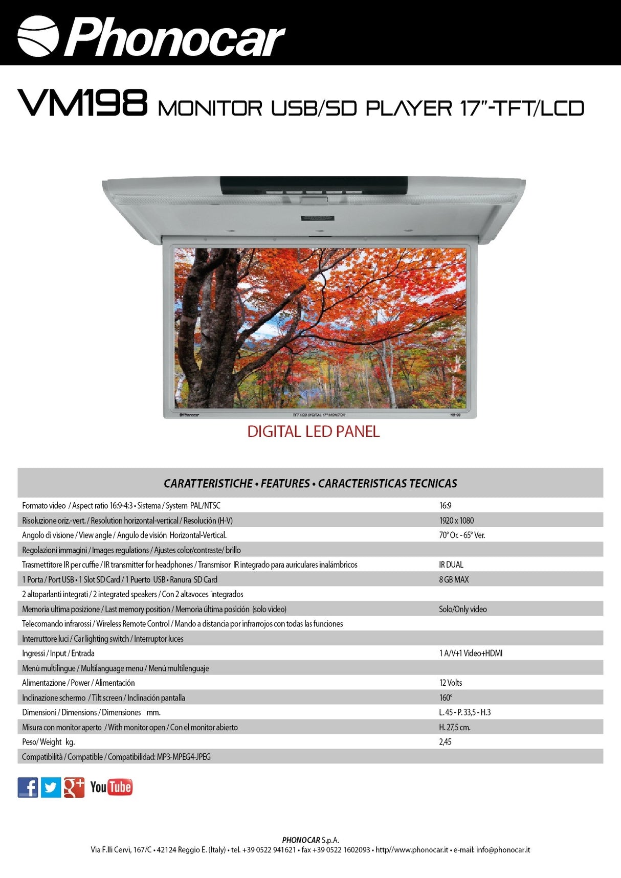 Phonocar VM198 Monitor da tetto 17" TFT/LCD USB-SD CARD HDMI Speakers integrati - TechSoundSystem.com