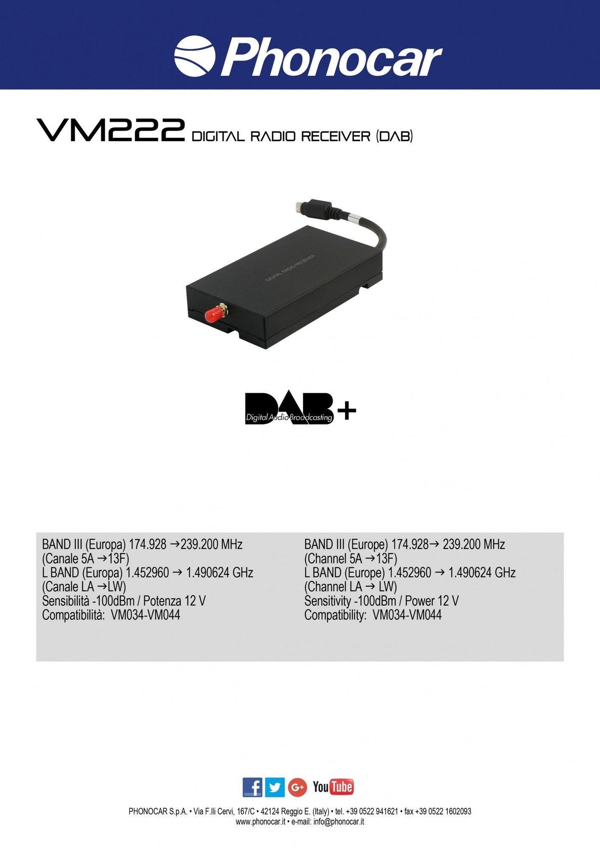 Phonocar VM222 Ricevitore Radio Digitale - DAB per VM030 - VM034 - VM044 - VM069 - TechSoundSystem.com