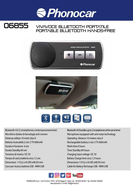 Vivavoce Bluetooth 4.0 portatile Phonocar 06855 - TechSoundSystem.com