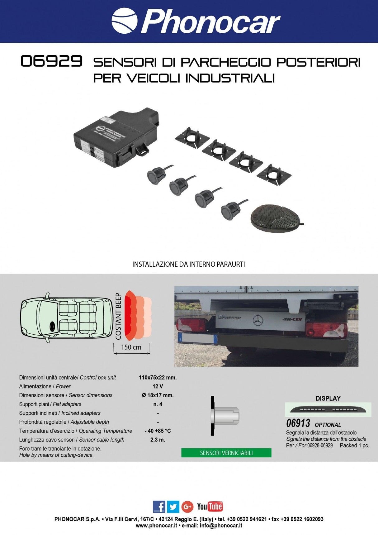 Phonocar 06913 Display LCD per kit sensori di parcheggio 06928-29-30-31-38-39 - TechSoundSystem.com