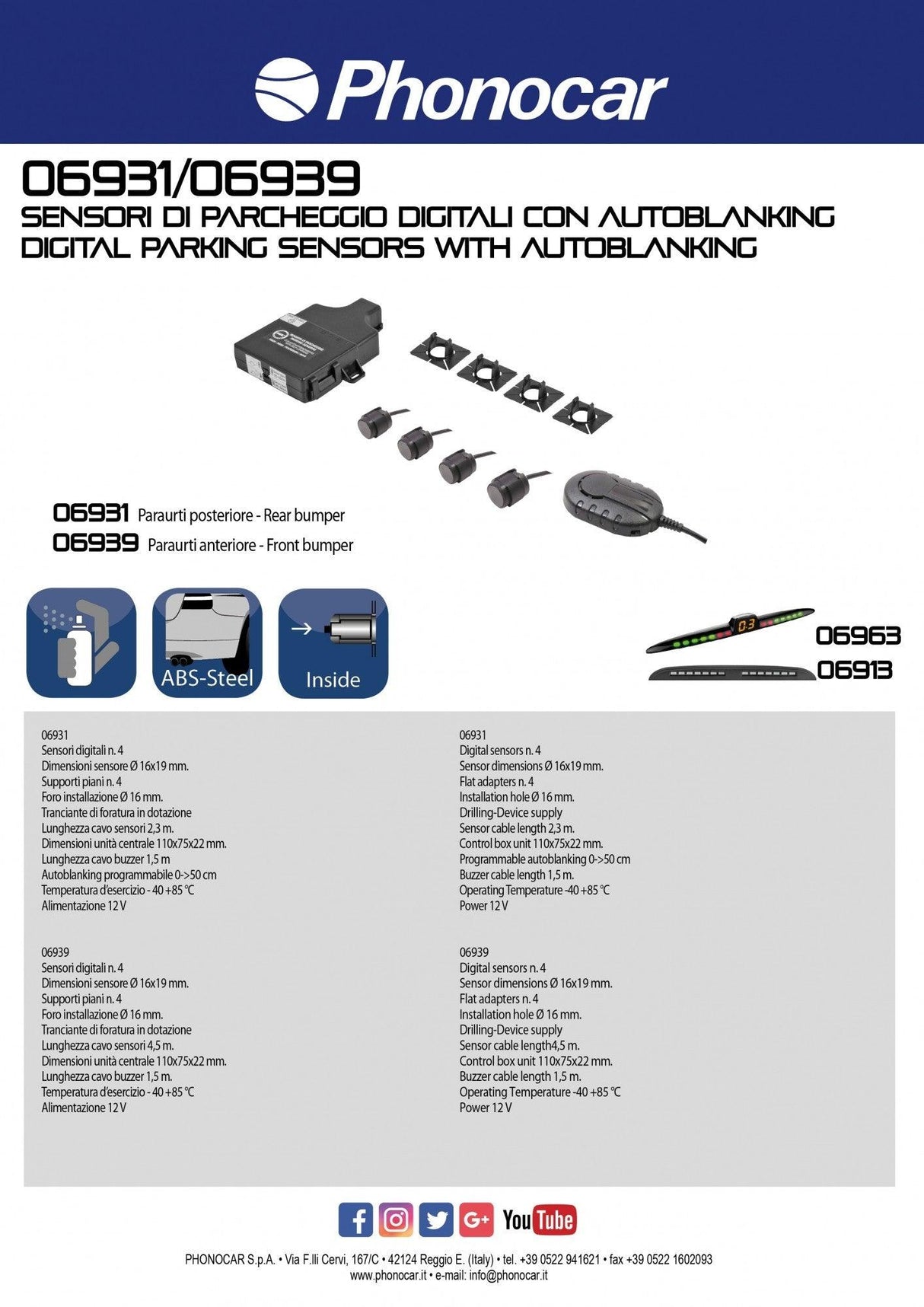Phonocar 06931 Kit Sensori di parcheggio digitali post. con autoblanking foro installazione 16 mm - TechSoundSystem.com