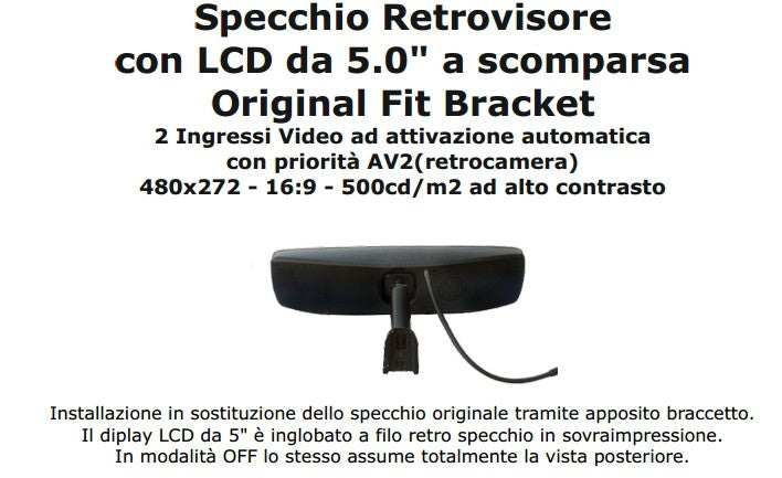 Hardstone HS MM051 Specchio Retrovisore con LCD da 5.0" a scomparsa Original Fit Bracket - TechSoundSystem.com