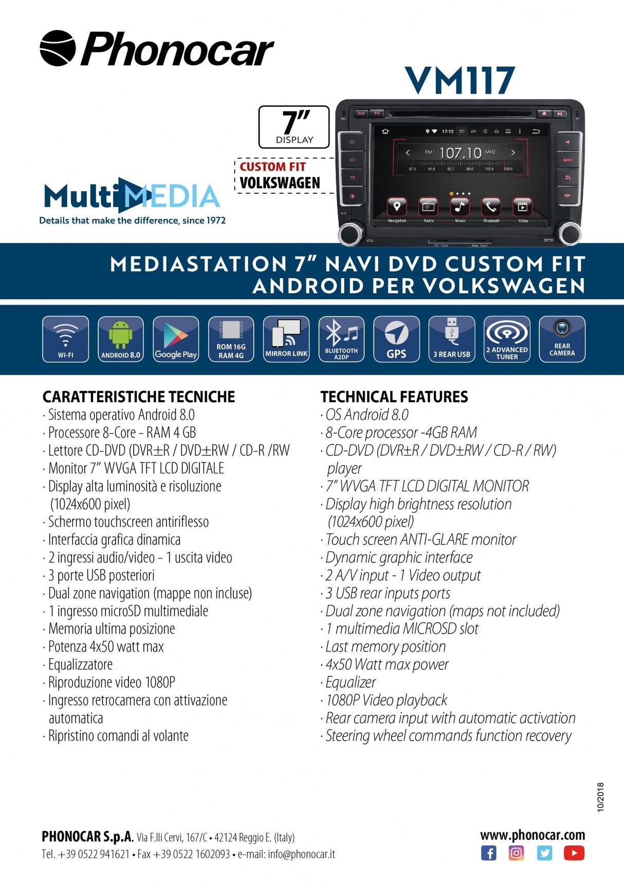 Phonocar VM117 autoradio per Volkswagen Android 7" Navi DVD - TechSoundSystem.com