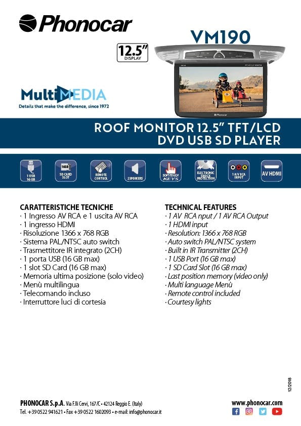 Phonocar VM190 monitor da tetto 12.5" con lettore DVD USB SD PLAYER - TechSoundSystem.com