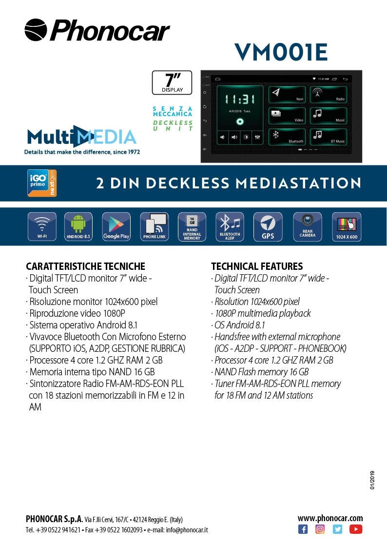 Phonocar VM001 autoradio ANDROID 2 DIN 7" Bluetooth, GPS, MIRROR LINK - TechSoundSystem.com