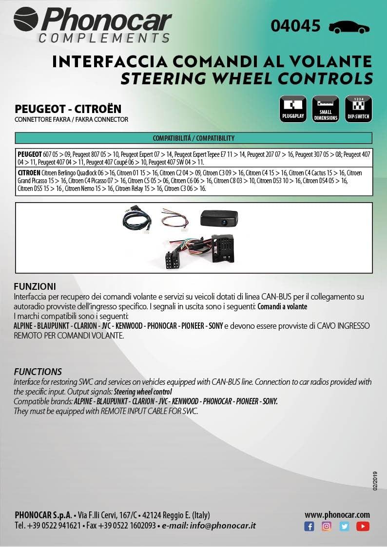 Phonocar 04045 Interfaccia comandi al Volante CANBUS per PEUGEOT, CITROËN - TechSoundSystem.com