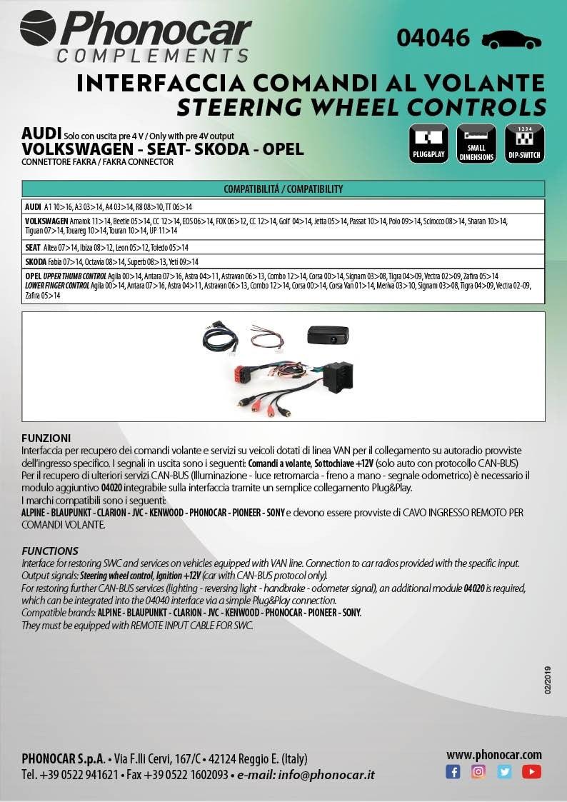 Phonocar 04046 Interfaccia comandi al Volante CANBUS per AUDI, VOLSKWAGEN, SEAT, SKODA - TechSoundSystem.com