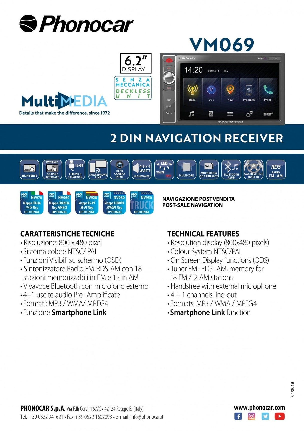 PHONOCAR VM069M Media Station 6.2 pollici con GPS, Smartphone Link, USB + mappa ITALIA NV970 - TechSoundSystem.com