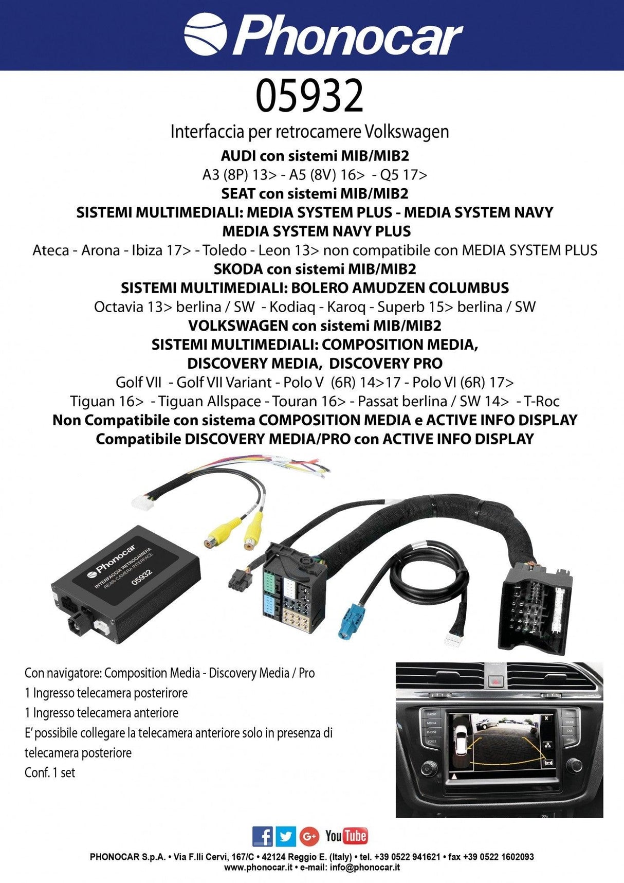 Phonocar 05932 Interfaccia retrocamere universali su autoradio Volkswagen, Seat, Audi - TechSoundSystem.com