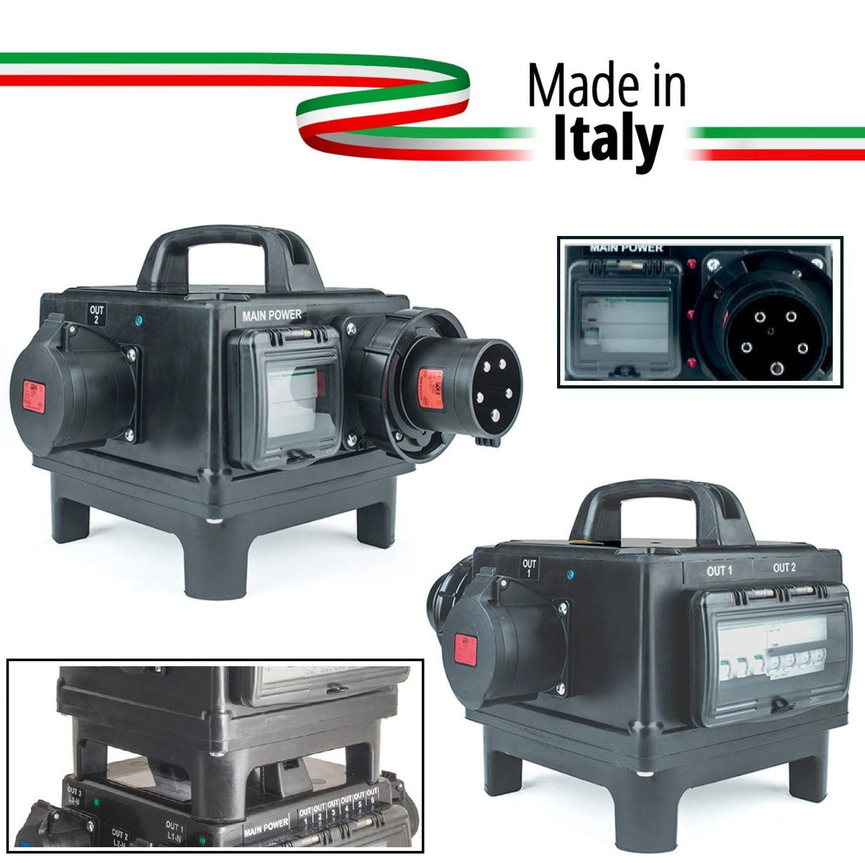 POWERBOX TARTARUGA QUALITA' GOMMA BUTILICA VULCANIZZATA SPINA 63A 5P 400V CI2 2 PRESE CEE 32A 5P SPIE RETE PROTEZIONE 1 RCD 63A 4P 30MA AC + 2 MCB 32 4P C - TechSoundSystem.com