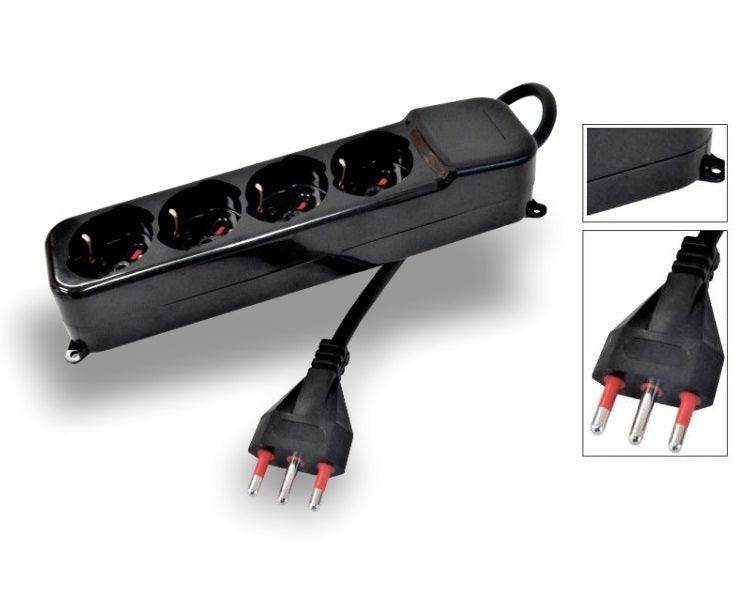 CIABATTA MULTIPRESA TRIVALENTE 4 USCITE 2P+T 10A-16A-SCHUKO PRESE FISSAGGIO CAVO CORRENTE 1.5MT 3X1.5MM2 - TechSoundSystem.com