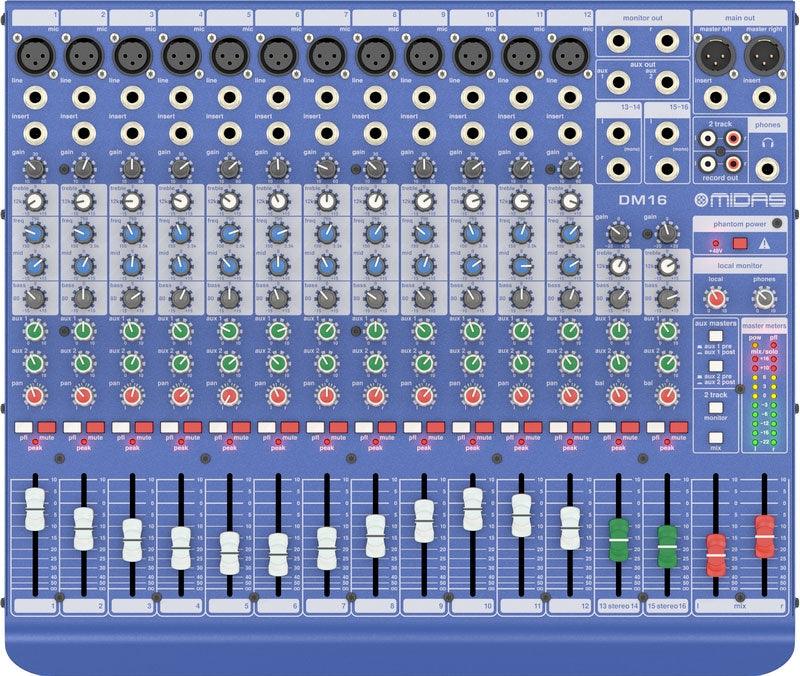 MIDAS DM16 MIXER LIVE E DA STUDIO 16 CANALI 12 MICROFONICI + 2 STEREO 2 AUX SEND EQ 3 BANDE MEDIO SEMI PARAMETRICO PHANTOM POWER - TechSoundSystem.com