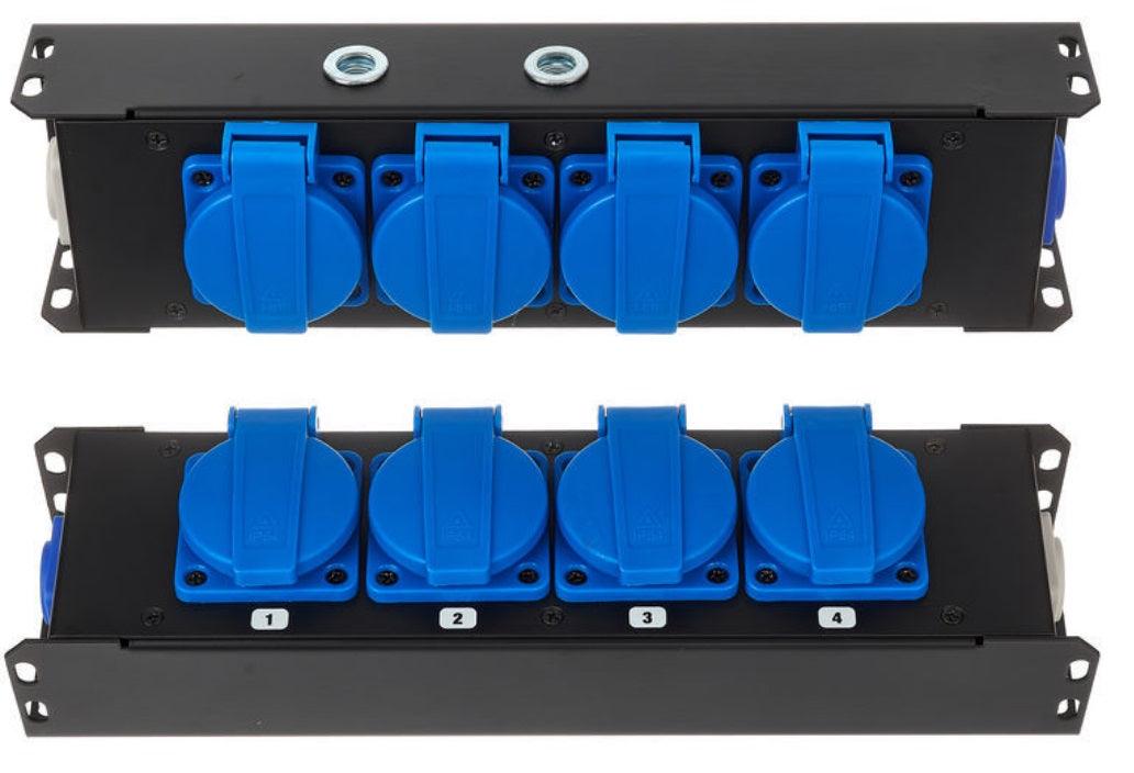 POWER-BOX NERO CIABATTA ALIMENTAZIONE PALCO POWERCON INGRESSO POWER TWIST IN BLU USCITE 4 SCHUKO OUT LOOP 20A POWER-OUT GRIGIO - TechSoundSystem.com