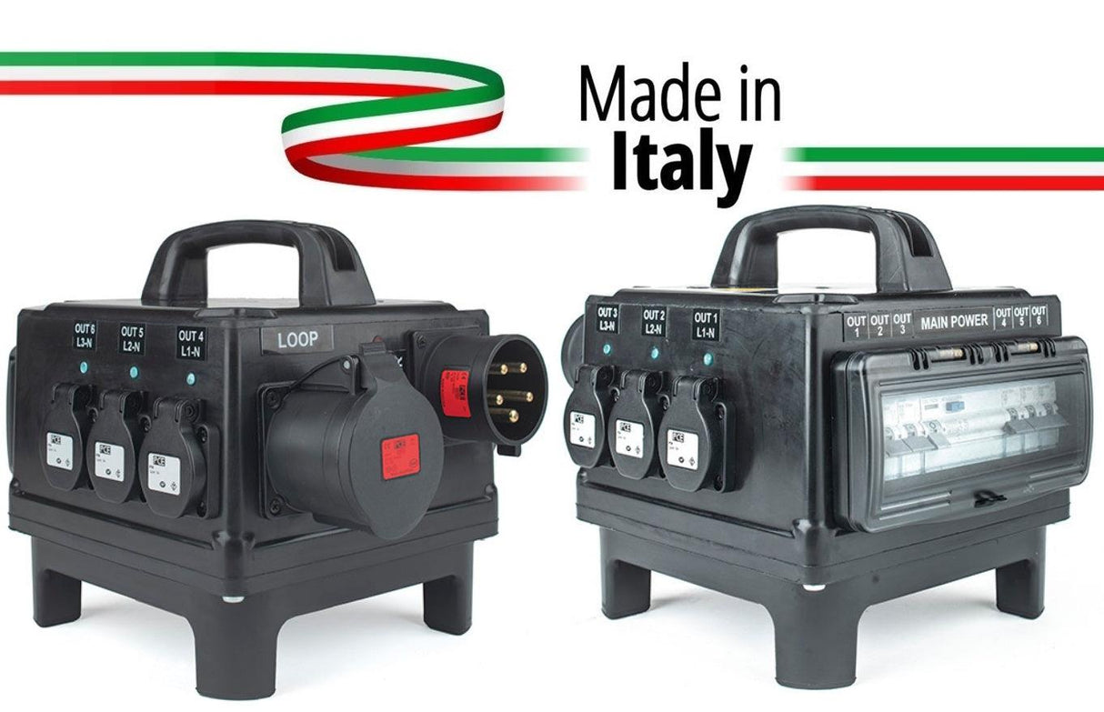 POWERBOX TARTARUGA QUALITA' GOMMA BUTILICA VULCANIZZATA SPINA 32A 5P 6 PRESE SCHUKO 16A 3P 230V IP54 LOOP 32A 5P OUT SPIE RETE DOPPIA PROTEZIONE RCCB 40A + 6 MCB - TechSoundSystem.com