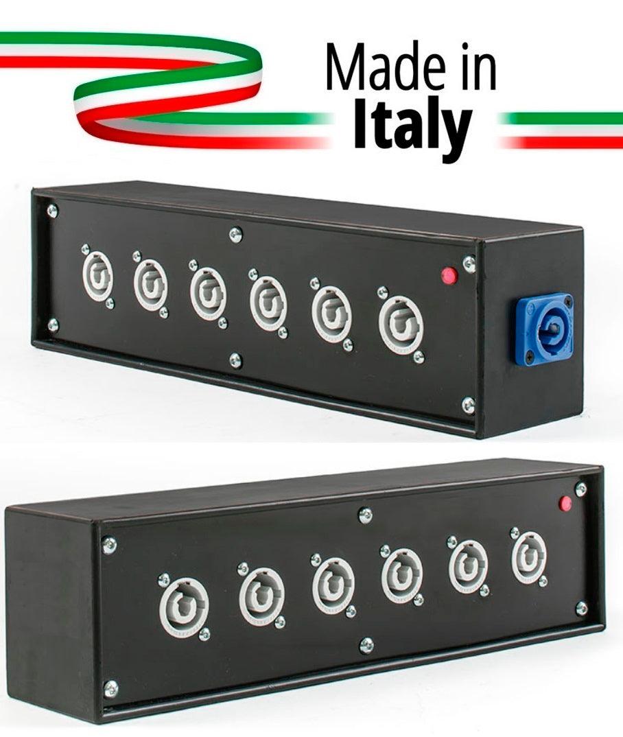 POWER-BOX NERO CIABATTA ALIMENTAZIONE PALCO POWERCON MADE IN ITALY SPIA RETE INGRESSO 20A NEUTRIK POWER-IN BLUE 6 20AMP POWER-OUT GREY - TechSoundSystem.com