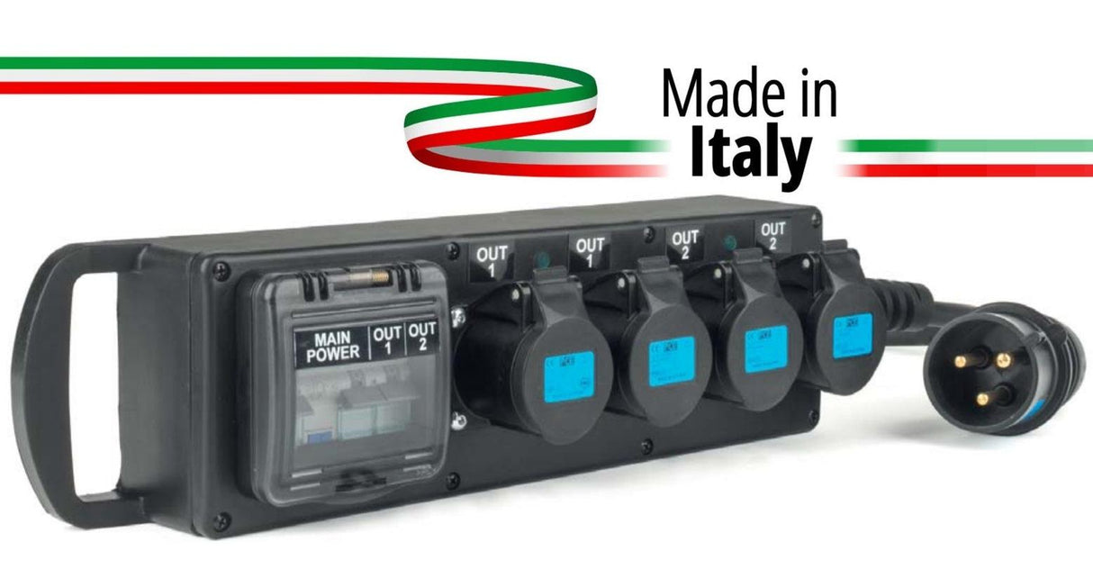 POWER-BOX PORTATILE INGRESSO SPINA 32A MASCHIO 3P CAVO 2MT USCITE 4 PRESE CEE 16A 3P PROTEZIONE 1 RCBO 32A + 2 MBC 16A - TechSoundSystem.com