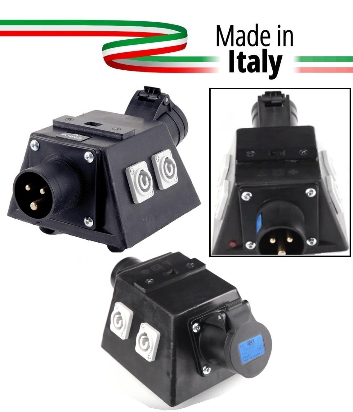 POWER-BOX NERO SPLITTER PALCO/TRUSS CIABATTA ALIMENTAZIONE MADE IN ITALY SPIA RETE INGRESSO SPINA 16A 3P USCITE 4 POWERCON 20A 3P 1 PRESA CEE 16A 3P LOOP - TechSoundSystem.com
