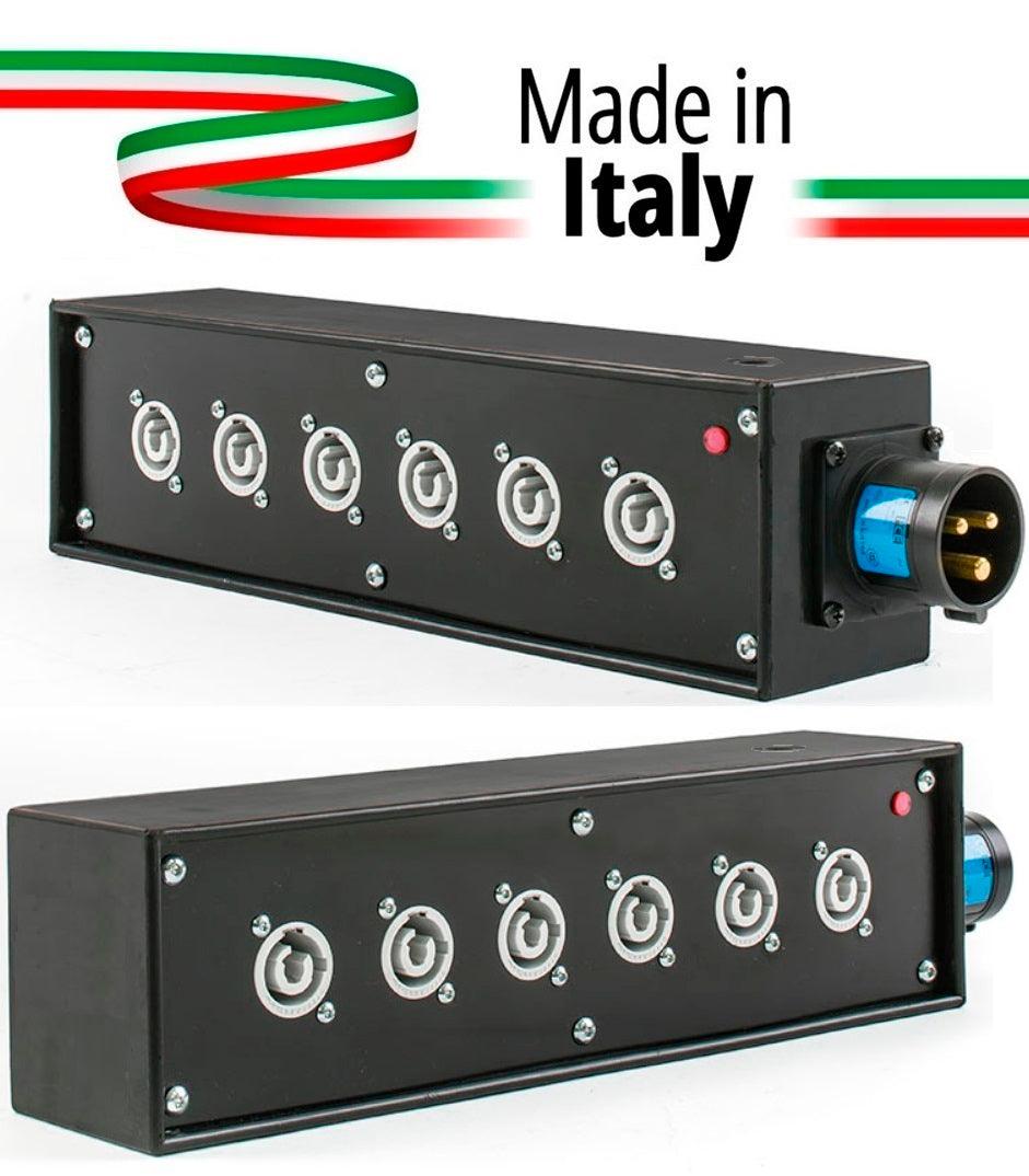 POWER-BOX NERO CIABATTA ALIMENTAZIONE PALCO POWERCON MADE IN ITALY SPIA RETE INGRESSO 16A 3P USCITE 6 20AMP POWER-OUT GREY - TechSoundSystem.com