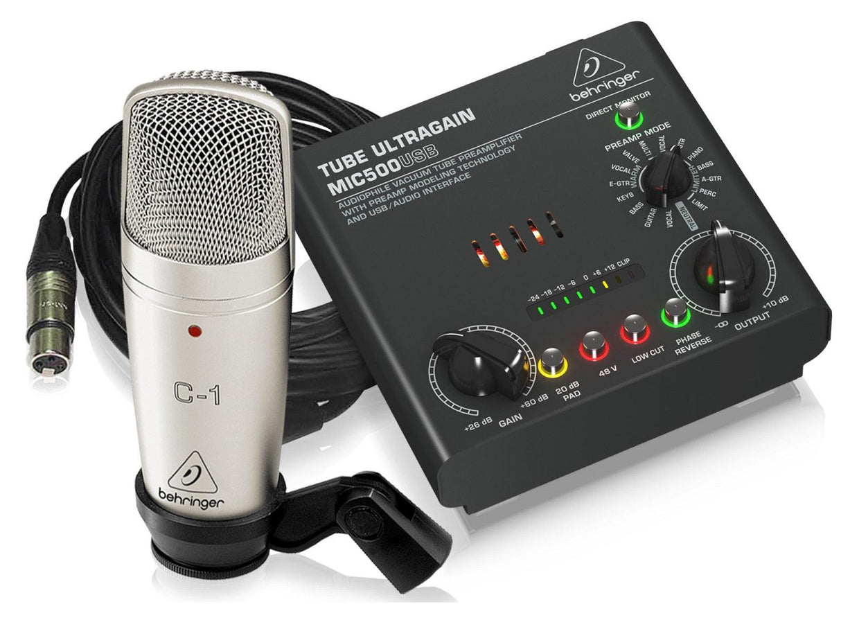 BEHRINGER VOICE STUDIO BUNDLE C1 MICROFONO STUDIO + CLAMP + CAVO + PREAMP 16 PRESET E INTERFACCIA AUDIO USB - TechSoundSystem.com
