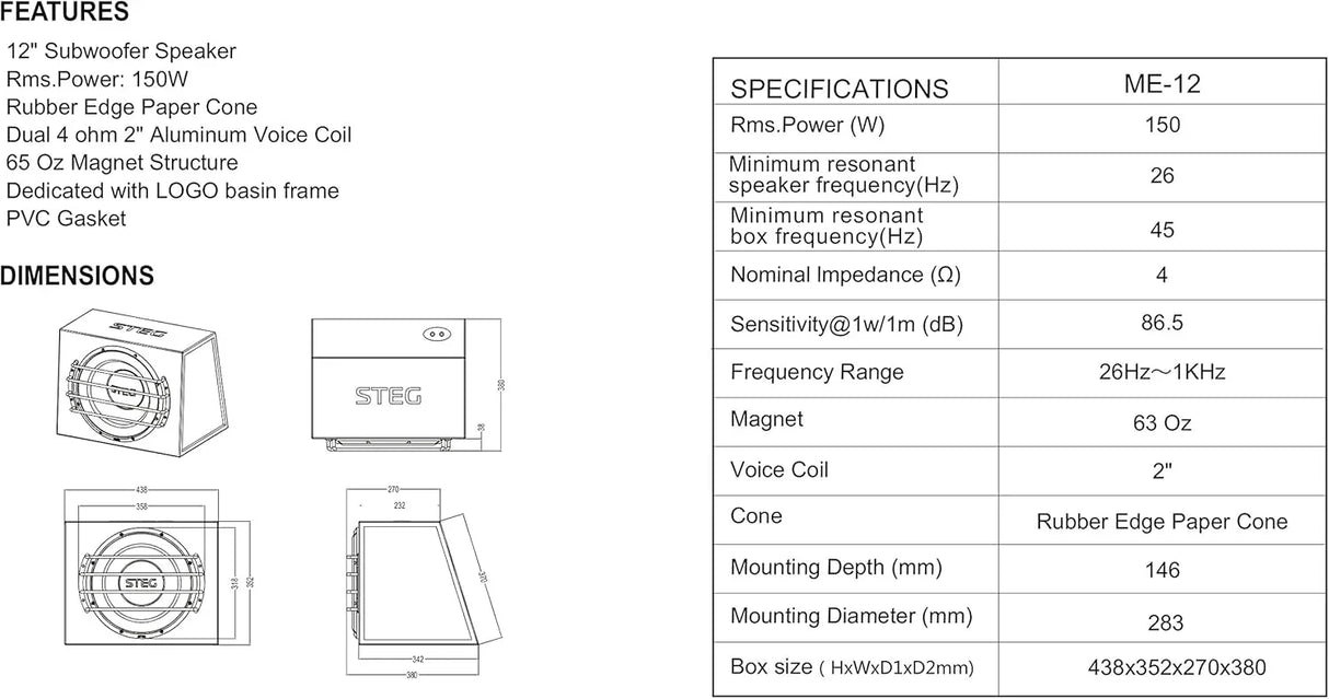 STEG ME12 subwoofer per auto 32mm da 12" e 150W RMS High End Alta Efficienza