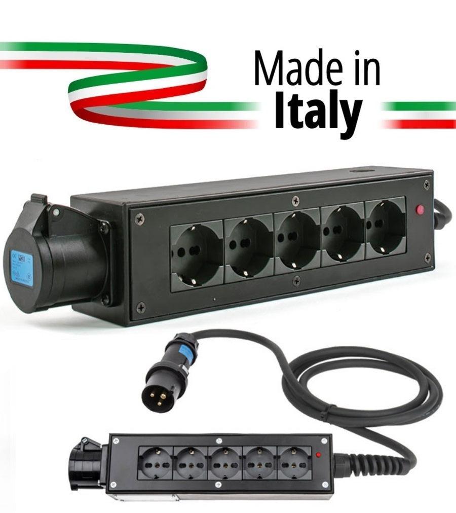 POWERBOX NERO CIABATTA ALIMENTAZIONE PALCO MADE IN ITALY SPIA RETE INGRESSO SPINA VOLANTE 16A 3P 5-USCITE SHUKO E PRESA LOOP OUT 16A - TechSoundSystem.com