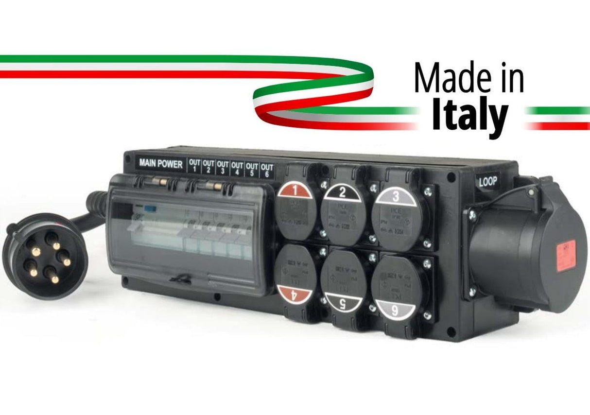 POWER-BOX SPINA 32A 5P IN + 32 OUT 3PH+N+E 400V LOOP + 6 PRESE SCHUKO 16A 3P IP54 - DOPPIA PROTEZIONE RCCB 40A + 6 MCB - TechSoundSystem.com