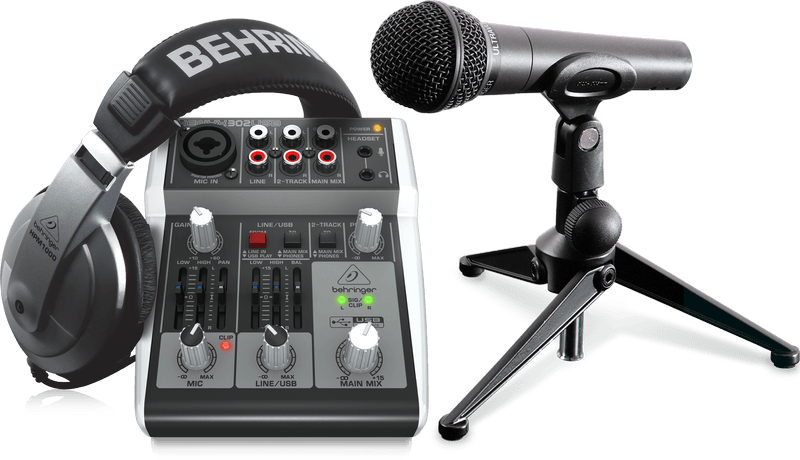 BEHRINGER PODCASTUDIO 2 USB SISTEMA PODCAST MIXER XENYX 302 + CUFFIE + MICROFONO + SUPPORTO DA TAVOLO - TechSoundSystem.com