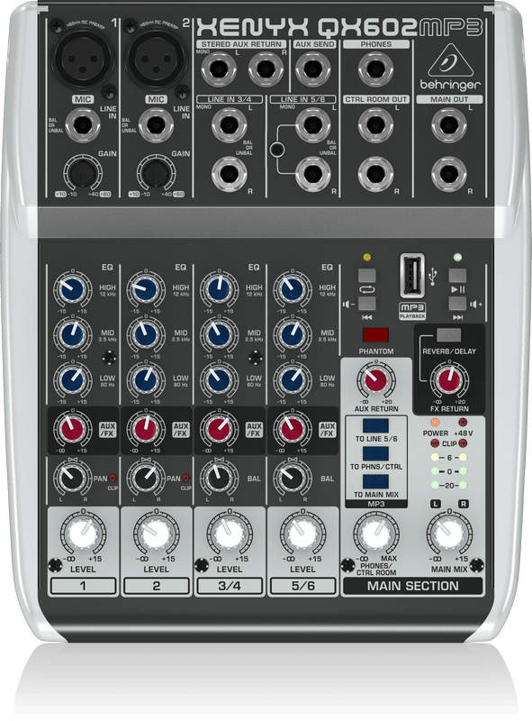 BEHRINGER QX602-MP3 XENYX MIXER 6 CANALI LETTORE MP3/USB EFFETTI VOCE KARAOKE REVERBERO/DELAY +48V - TechSoundSystem.com